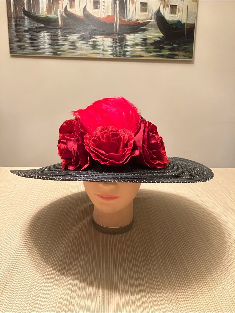Black and Metallic Silver Wide-Brim Hat with Red Velvet Floral & Feather Accent